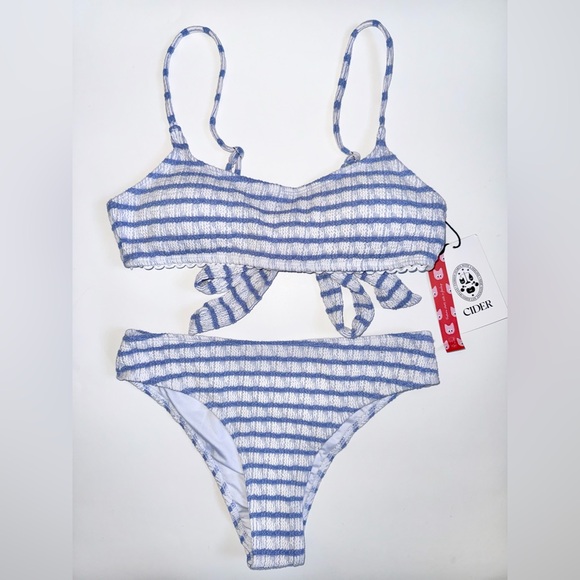 Cider Other - NWT Cider Textured Stripe Bikini Set Medium Blue White Tie Front Top & Bottoms